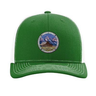 Grand Teton National Park patch hat in Kelly Green/White — Moulton Barn and the Tetons badge on a Richardson 112 trucker cap