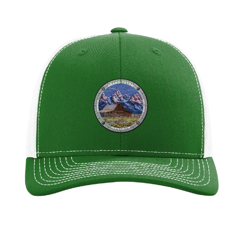 Grand Teton National Park patch hat in Kelly Green/White — Moulton Barn and the Tetons badge on a Richardson 112 trucker cap
