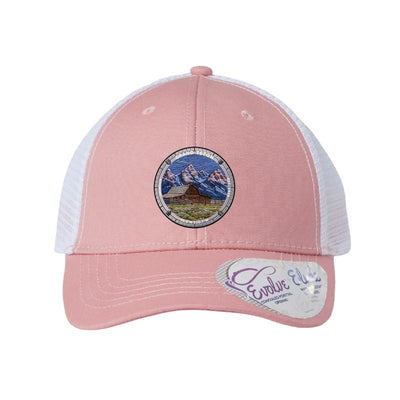 Grand Teton National Park patch hat in Dusty Rose/White — Moulton Barn and the Tetons badge on an Infinity Charlie ponytail cap