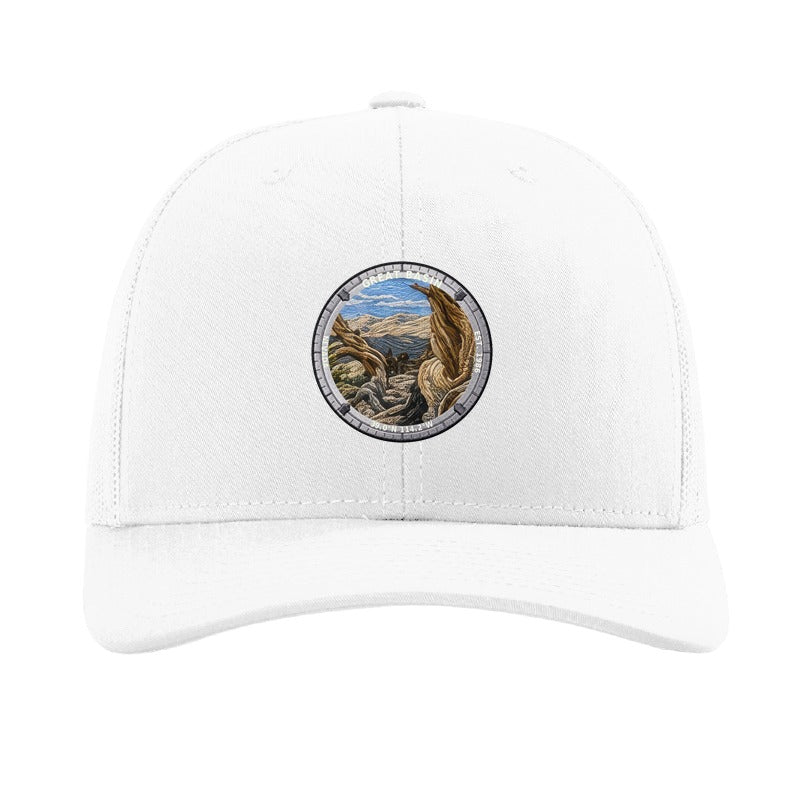 Great Basin National Park patch hat in White — ancient bristlecone pine badge on a Richardson 112 trucker cap