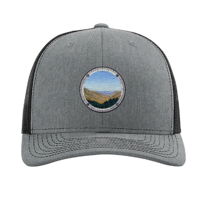Great Smoky Mountains National Park patch hat in Heather Grey/Black — layered blue ridges badge on a Richardson 112 trucker cap