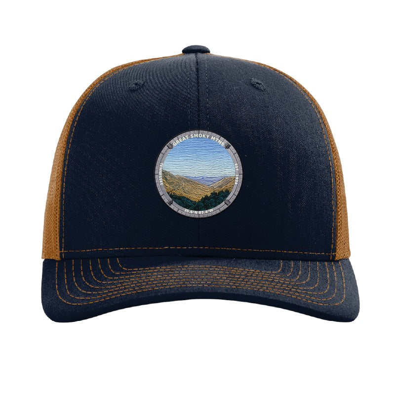 Great Smoky Mountains National Park patch hat in Navy/Caramel — layered blue ridges badge on a Richardson 112 trucker cap