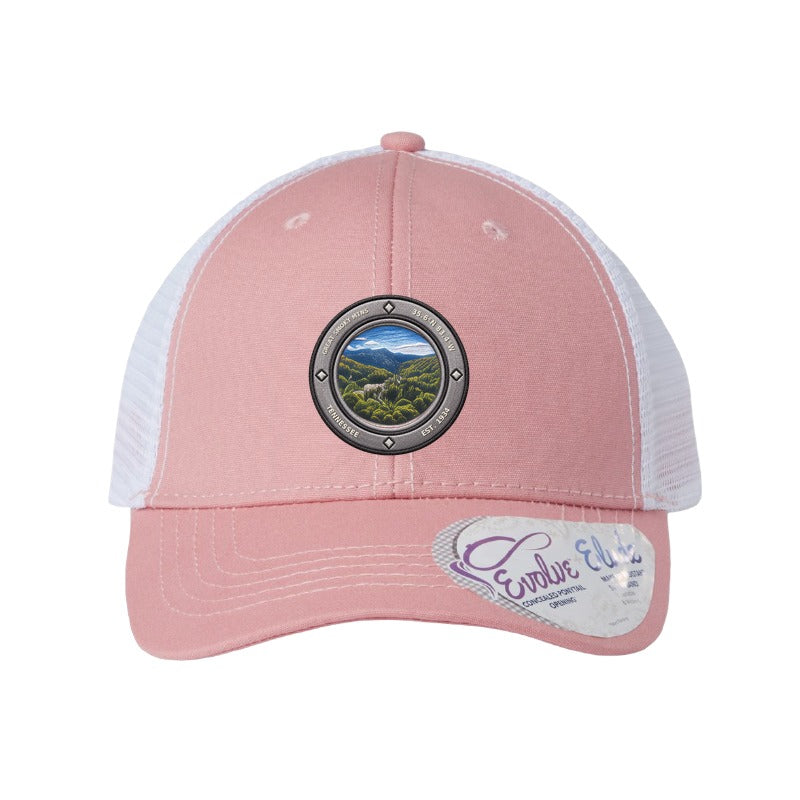 Great Smoky Mtns National Park patch hat — Dusty Rose/White (Ponytail)