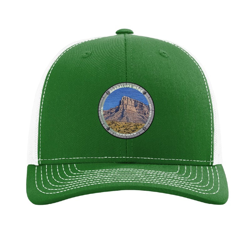 Guadalupe Mountains National Park patch hat in Kelly Green/White — El Capitan limestone prow badge on a Richardson 112 trucker cap