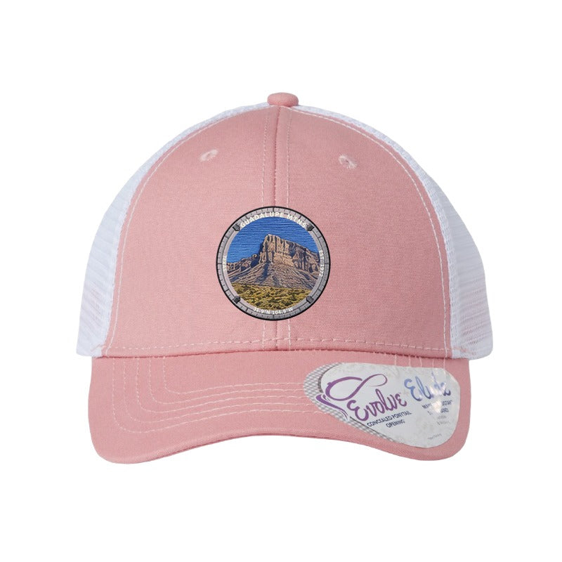 Guadalupe Mountains National Park patch hat in Dusty Rose/White — El Capitan limestone prow badge on an Infinity Charlie ponytail cap