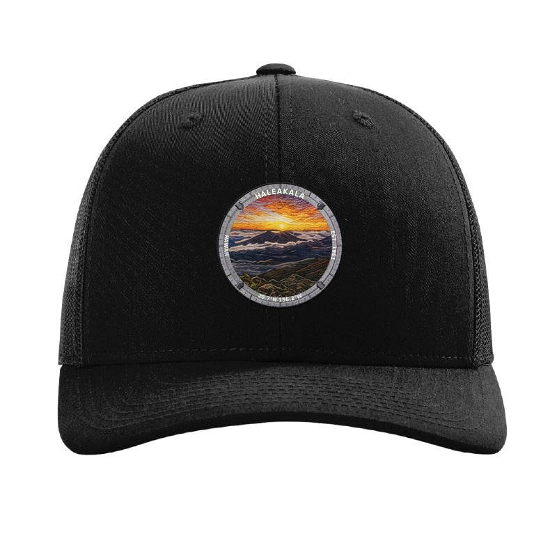 Haleakalā National Park patch hat in Black — volcanic crater sunrise badge on a Richardson 112 trucker cap