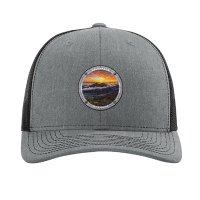Haleakalā National Park patch hat in Heather Grey/Black — volcanic crater sunrise badge on a Richardson 112 trucker cap