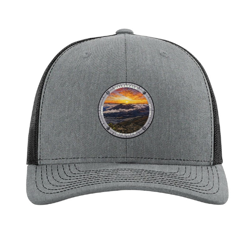 Haleakalā National Park patch hat in Heather Grey/Black — volcanic crater sunrise badge on a Richardson 112 trucker cap