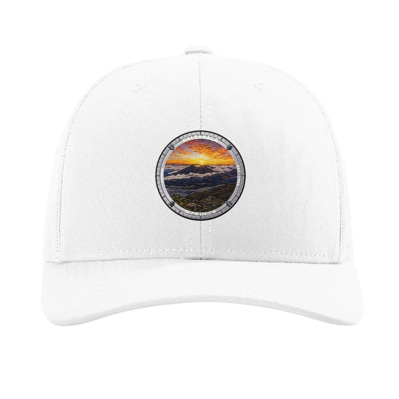 Haleakalā National Park patch hat in White — volcanic crater sunrise badge on a Richardson 112 trucker cap