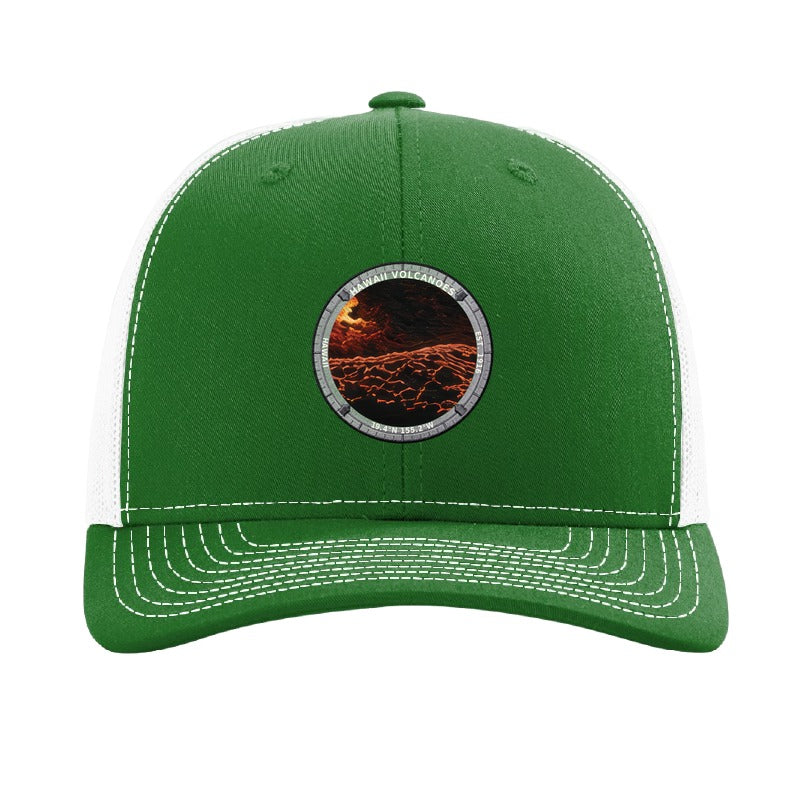 Hawaii Volcanoes National Park patch hat in Kelly Green/White — lava flowing over black rock badge on a Richardson 112 trucker cap