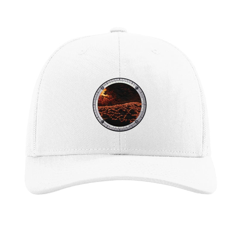 Hawaii Volcanoes National Park patch hat in White — lava flowing over black rock badge on a Richardson 112 trucker cap