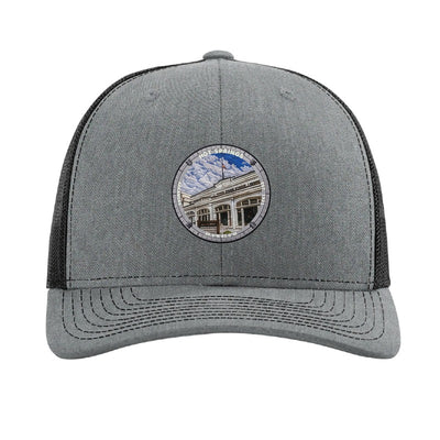 Hot Springs National Park patch hat in Heather Grey/Black — Bathhouse Row badge on a Richardson 112 trucker cap
