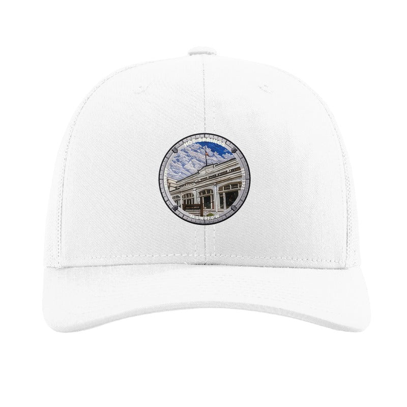 Hot Springs National Park patch hat in White — Bathhouse Row badge on a Richardson 112 trucker cap