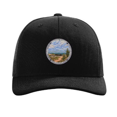 Indiana Dunes National Park patch hat in Black — Lake Michigan dune shoreline badge on a Richardson 112 trucker cap