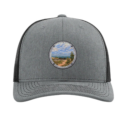 Indiana Dunes National Park patch hat in Heather Grey/Black — Lake Michigan dune shoreline badge on a Richardson 112 trucker cap