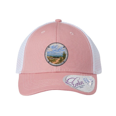 Indiana Dunes National Park patch hat in Dusty Rose/White — Lake Michigan dune shoreline badge on an Infinity Charlie ponytail cap