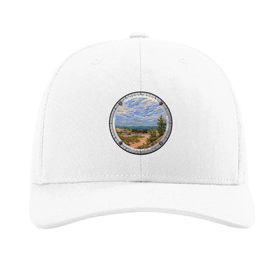 Indiana Dunes National Park patch hat in White — Lake Michigan dune shoreline badge on a Richardson 112 trucker cap