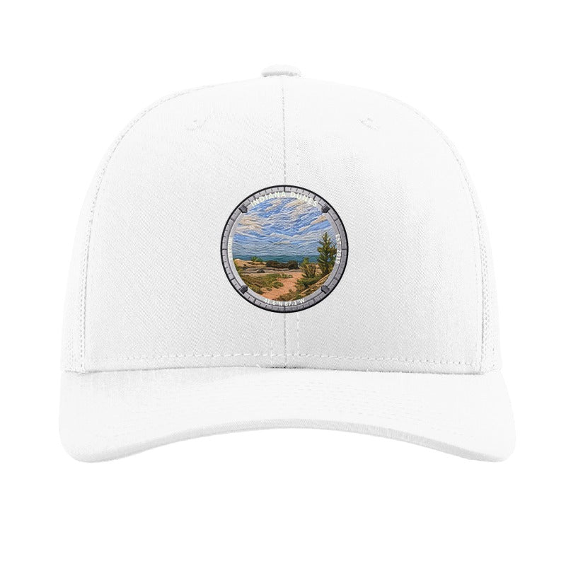 Indiana Dunes National Park patch hat in White — Lake Michigan dune shoreline badge on a Richardson 112 trucker cap