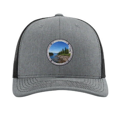 Isle Royale National Park patch hat in Heather Grey/Black — Rock Harbor Lighthouse badge on a Richardson 112 trucker cap