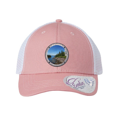 Isle Royale National Park patch hat in Dusty Rose/White — Rock Harbor Lighthouse badge on an Infinity Charlie ponytail cap