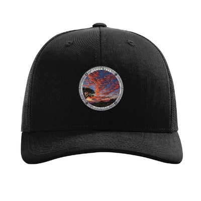 Joshua Tree National Park patch hat in Black — Joshua tree at sunset badge on a Richardson 112 trucker cap