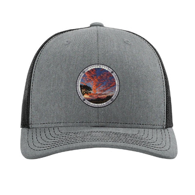 Joshua Tree National Park patch hat in Heather Grey/Black — Joshua tree at sunset badge on a Richardson 112 trucker cap