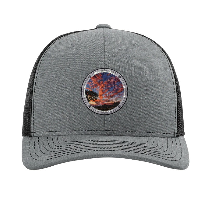 Joshua Tree National Park patch hat in Heather Grey/Black — Joshua tree at sunset badge on a Richardson 112 trucker cap