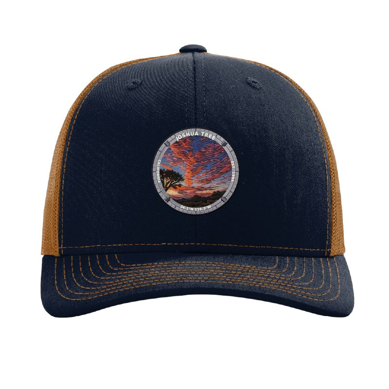 Joshua Tree National Park patch hat in Navy/Caramel — Joshua tree at sunset badge on a Richardson 112 trucker cap