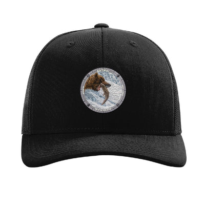 Katmai National Park patch hat in Black — brown bear catching salmon at Brooks Falls badge on a Richardson 112 trucker cap