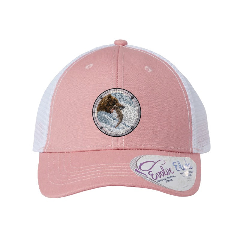 Katmai National Park patch hat in Dusty Rose/White — brown bear catching salmon at Brooks Falls badge on an Infinity Charlie ponytail cap