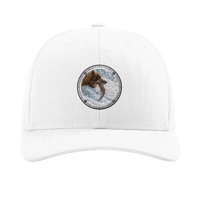 Katmai National Park patch hat in White — brown bear catching salmon at Brooks Falls badge on a Richardson 112 trucker cap