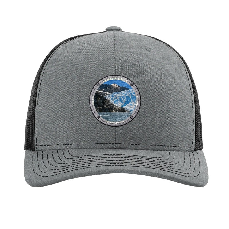 Kenai Fjords National Park patch hat in Heather Grey/Black — calving glacier badge on a Richardson 112 trucker cap