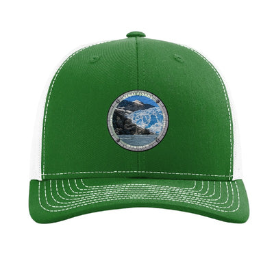 Kenai Fjords National Park patch hat in Kelly Green/White — calving glacier badge on a Richardson 112 trucker cap