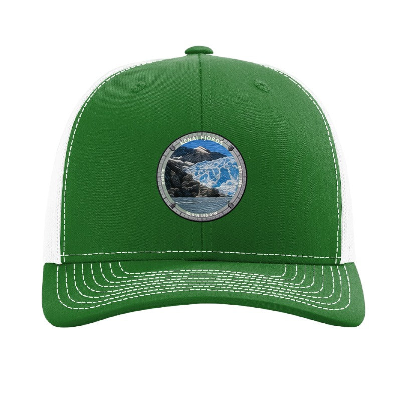Kenai Fjords National Park patch hat in Kelly Green/White — calving glacier badge on a Richardson 112 trucker cap