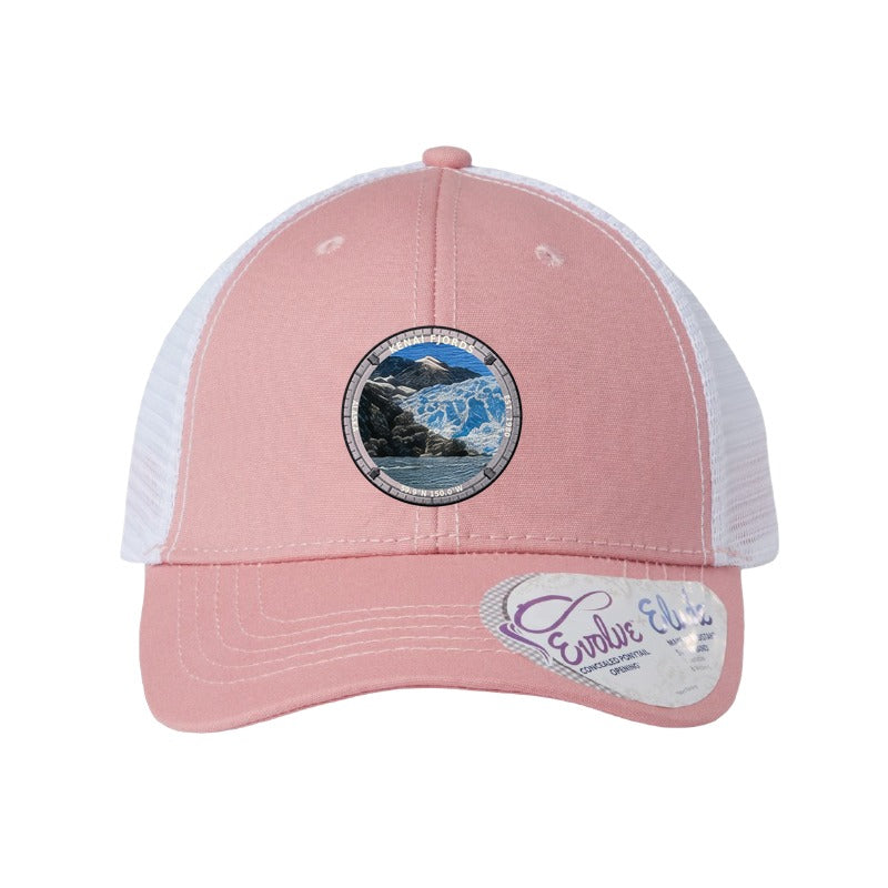 Kenai Fjords National Park patch hat in Dusty Rose/White — calving glacier badge on an Infinity Charlie ponytail cap