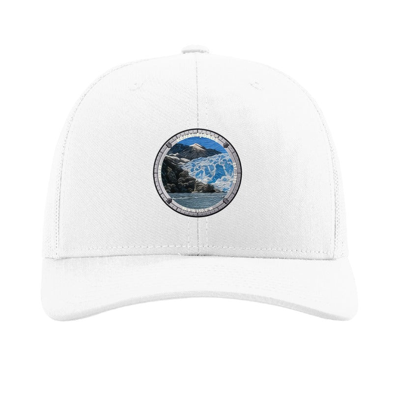 Kenai Fjords National Park patch hat in White — calving glacier badge on a Richardson 112 trucker cap