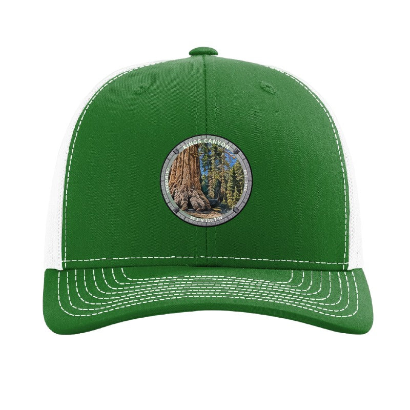 Kings Canyon National Park patch hat in Kelly Green/White — General Grant Tree badge on a Richardson 112 trucker cap