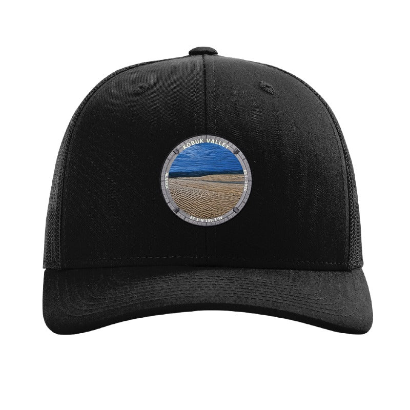 Kobuk Valley National Park patch hat in Black — Great Kobuk Sand Dunes badge on a Richardson 112 trucker cap
