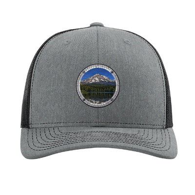 Lassen Volcanic National Park patch hat in Heather Grey/Black — Lassen Peak on Manzanita Lake badge on a Richardson 112 trucker cap