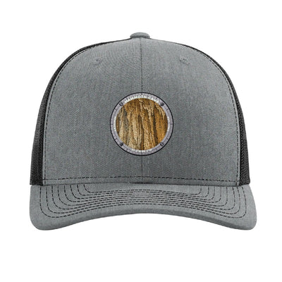 Mammoth Cave National Park patch hat in Heather Grey/Black — cave flowstone formations badge on a Richardson 112 trucker cap