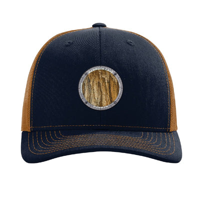 Mammoth Cave National Park patch hat in Navy/Caramel — cave flowstone formations badge on a Richardson 112 trucker cap