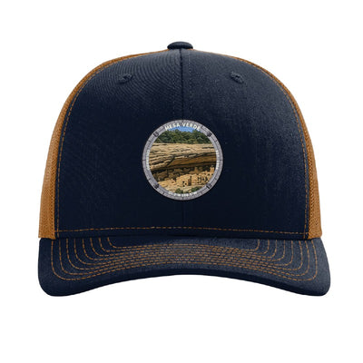Mesa Verde National Park patch hat in Navy/Caramel — Cliff Palace badge on a Richardson 112 trucker cap
