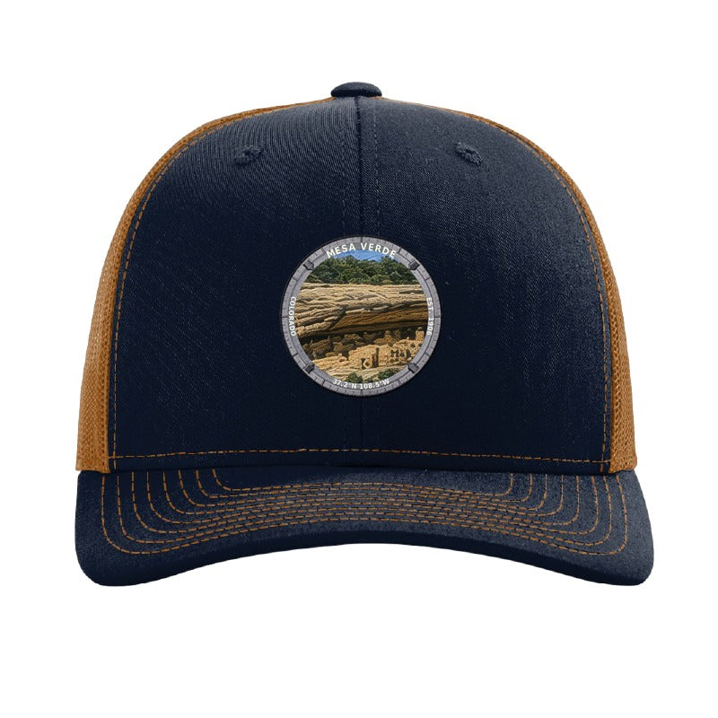 Mesa Verde National Park patch hat in Navy/Caramel — Cliff Palace badge on a Richardson 112 trucker cap