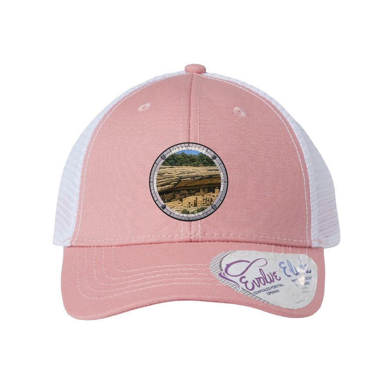 Mesa Verde National Park patch hat in Dusty Rose/White — Cliff Palace badge on an Infinity Charlie ponytail cap