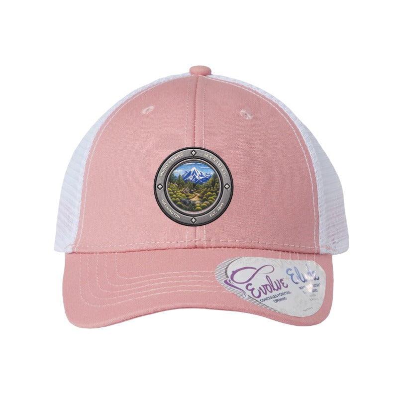 Mount Rainier National Park patch hat — Dusty Rose/White (Ponytail)