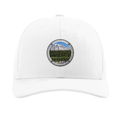Mount Rainier National Park patch hat in White — Rainier reflected in a lake badge on a Richardson 112 trucker cap