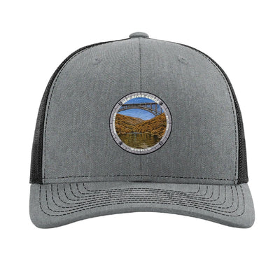 New River Gorge National Park patch hat in Heather Grey/Black — New River Gorge Bridge badge on a Richardson 112 trucker cap
