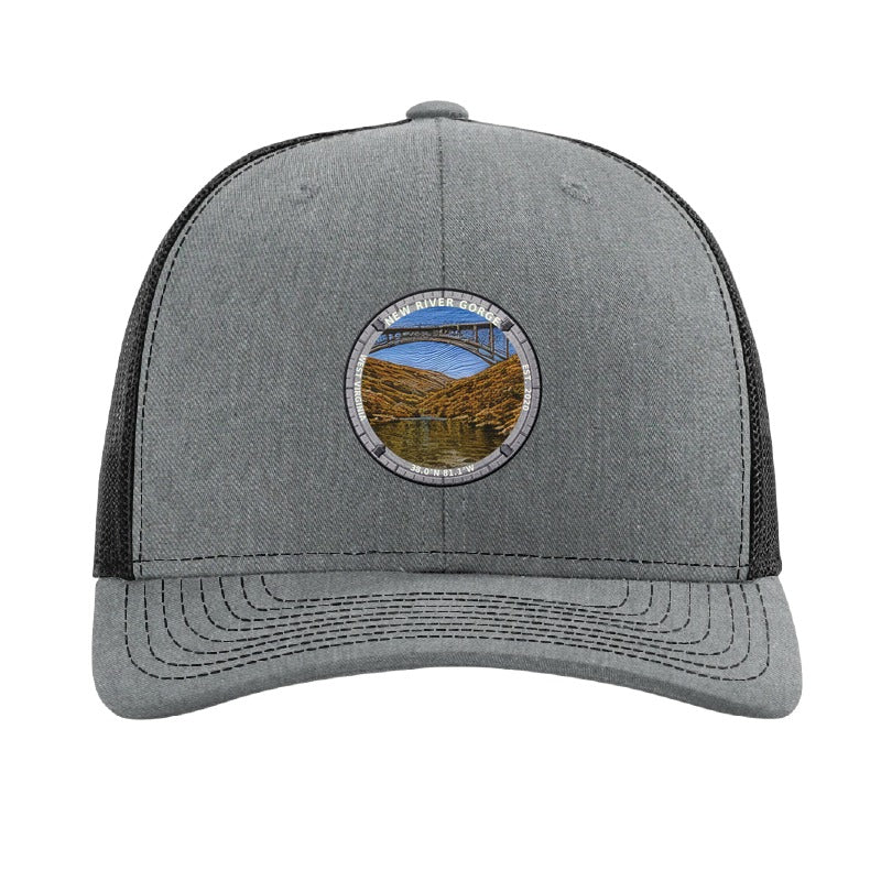 New River Gorge National Park patch hat in Heather Grey/Black — New River Gorge Bridge badge on a Richardson 112 trucker cap