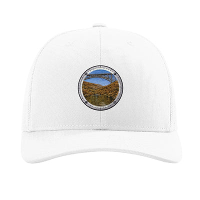 New River Gorge National Park patch hat in White — New River Gorge Bridge badge on a Richardson 112 trucker cap