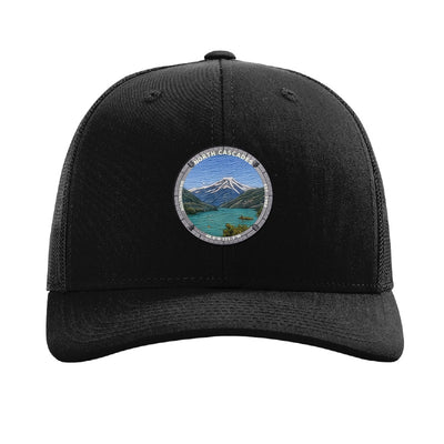 North Cascades National Park patch hat in Black — Diablo Lake badge on a Richardson 112 trucker cap